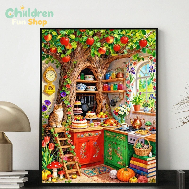 Resin Art Wallpaper - Весёлая кухня с деревянным полом, кошкой